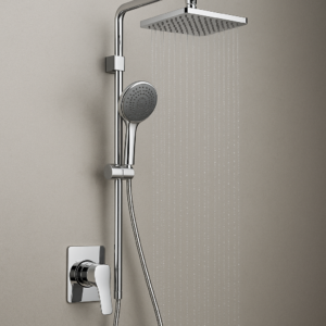 Modern chrome Jaquar shower installed in a stylish Bangalore bathroom