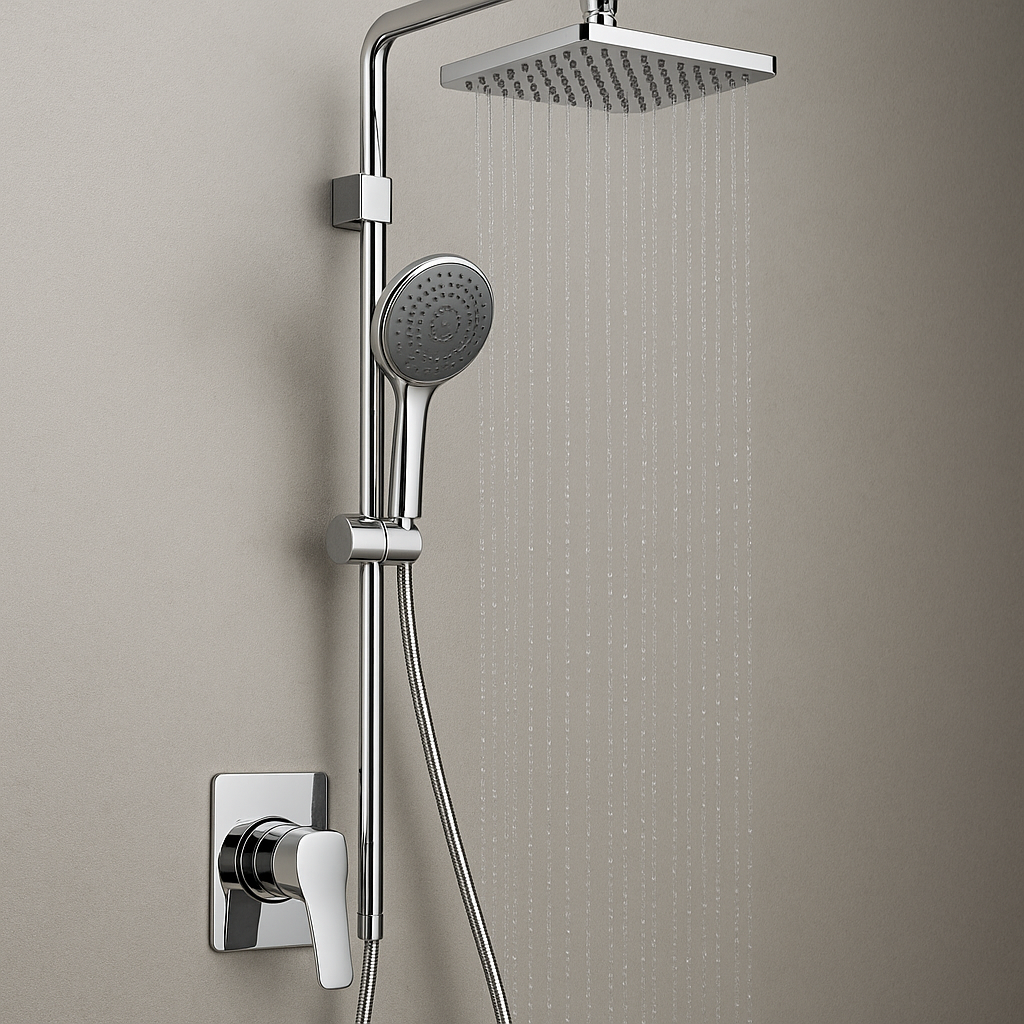 Modern chrome Jaquar shower installed in a stylish Bangalore bathroom