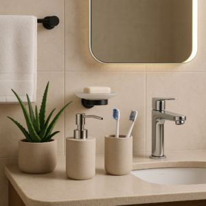 Modern bathroom accessories in Bangalore including soap dispenser, toothbrush holder, and chrome faucet.