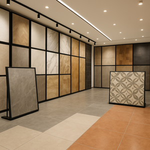 Modern tiles showroom in Bangalore with stylish wall and floor tile displays