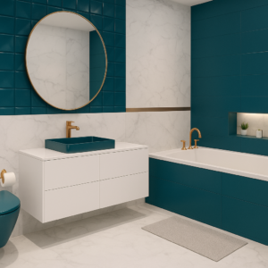 Modern bathroom interior with stylish blue and white décor and premium bathroom accessories in Bangalore.