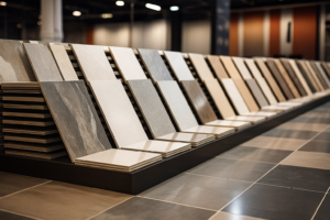 Modern tiles showroom in Bangalore displaying a wide range of ceramic and porcelain tiles in various colors and textures.
