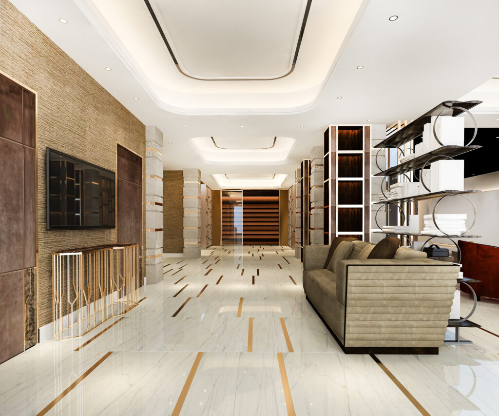 Luxurious modern living room in Bangalore featuring high-quality ceramic floor tiles that combine elegance and affordability