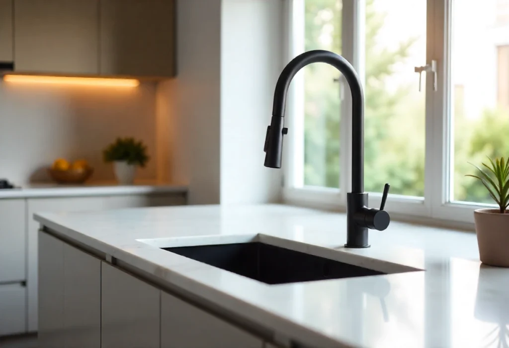 Modern luxury kitchen featuring a matte black faucet and sleek built-in sink on a white quartz countertop with natural daylight.