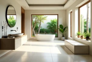 Bright modern bathroom interior with premium ceramic floor tiles, freestanding bathtub, large windows, natural sunlight, and indoor plants creating a clean, elegant home design