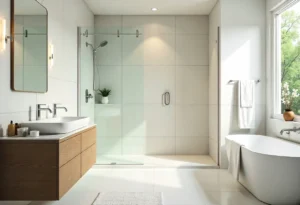 Modern bathroom with a frameless glass shower enclosure, premium ceramic wall and floor tiles, wall-mounted vanity, chrome shower fittings, and bright natural light